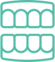 Stylized dental arch illustration with teeth shapes.