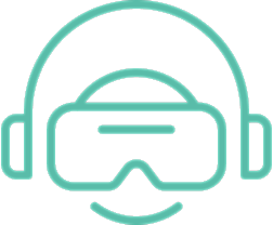 Person wearing virtual reality headset and headphones.